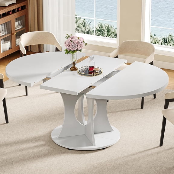 iPormis 59 Inch Extendable Round Dining Table for 6-8 People, Space Saving Wooden Kitchen and Dining Table,White