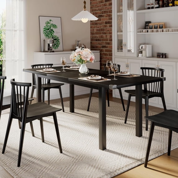iPormis 63" Extendable Dining Table for 4-8, Square Wooden Dining Room Table with Metal Base, Modern Extendable Table for Small Kitchens, Dining Office Areas, Black