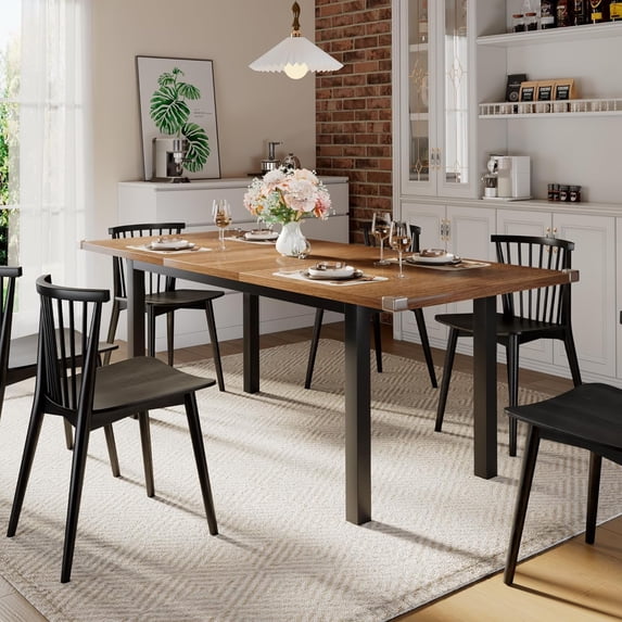 iPormis 63" Extendable Dining Table for 4-8, Square Wooden Dining Room Table with Metal Base, Modern Extendable Table for Small Kitchens, Dining Office Areas, Walnut