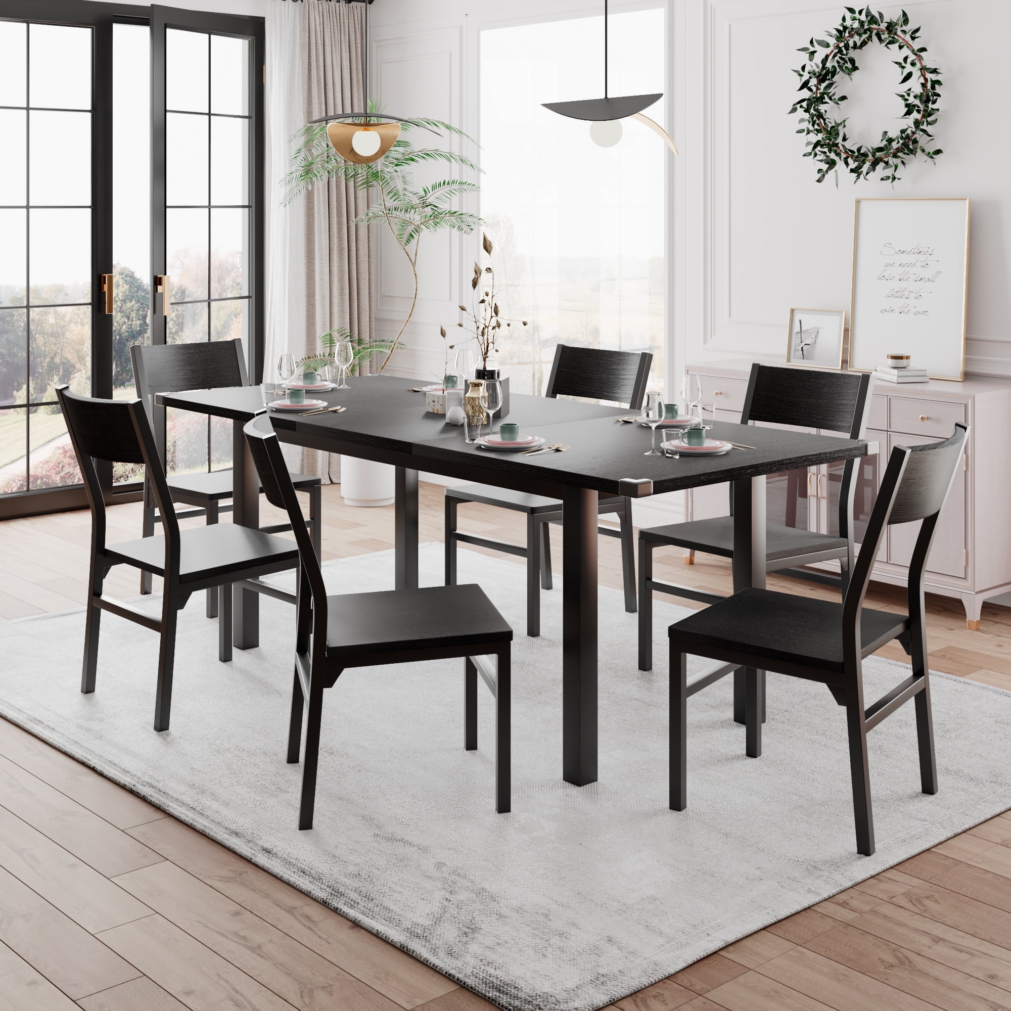 iPormis 63" Extendable Kitchen Table Set for 4-6 People, 7-Piece Large Dining Table Set With 6 Chairs,Mid-Century Modern Dining Room Table,Black