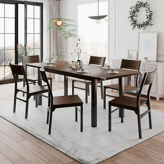 iPormis 63" Extendable Kitchen Table Set for 4-6 People, 7-Piece Large Dining Table Set With 6 Chairs,Mid-Century Modern Dining Room Table,Espresso