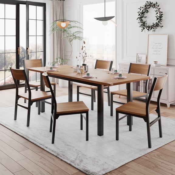 iPormis 63" Extendable Kitchen Table Set for 4-6 People, 7-Piece Large Dining Table Set with 6 Chairs,Mid-Century Modern Dining Room Table,Walnut