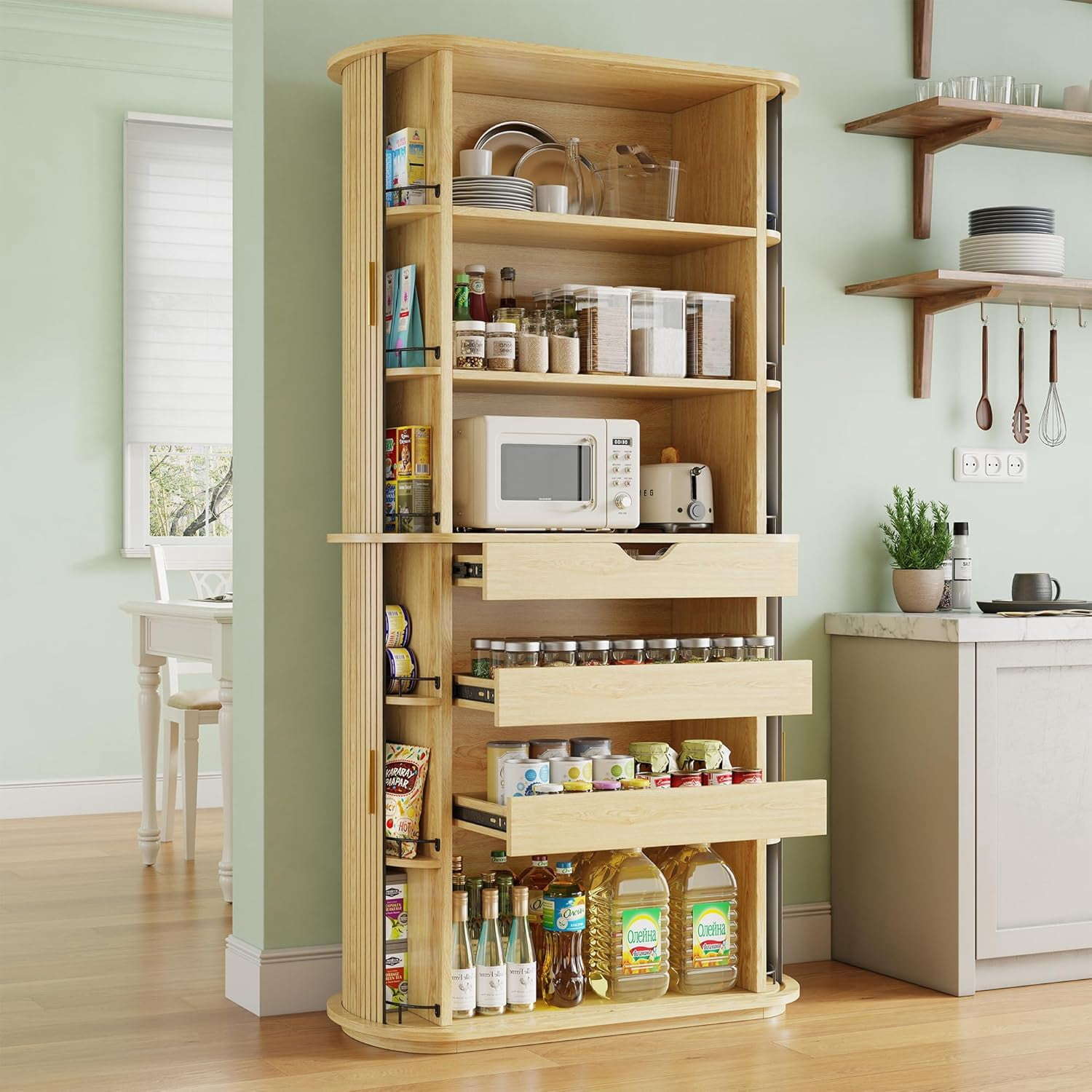 iPormis 64" Kitchen Pantry with Sliding Doors, Tall Farmhouse Curved Pantry Storage Cabinets with Drawer & Pull Out Shelves, Freestanding Wood Cupboard for Kitchen Dining Room Living Room, Natural
