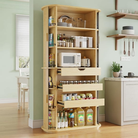 iPormis 64" Kitchen Pantry with Sliding Doors, Tall Farmhouse Curved Pantry Storage Cabinets with Drawer & Pull Out Shelves, Freestanding Wood Cupboard for Kitchen Dining Room Living Room, Natural