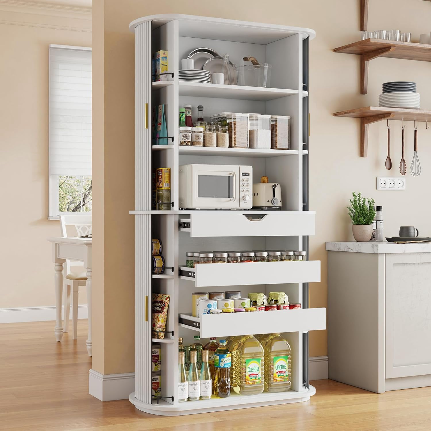 iPormis 64" Kitchen Pantry with Sliding Doors, Tall Farmhouse Curved Pantry Storage Cabinets with Drawer & Pull Out Shelves, Freestanding Wood Cupboard for Kitchen Dining Room Living Room, White