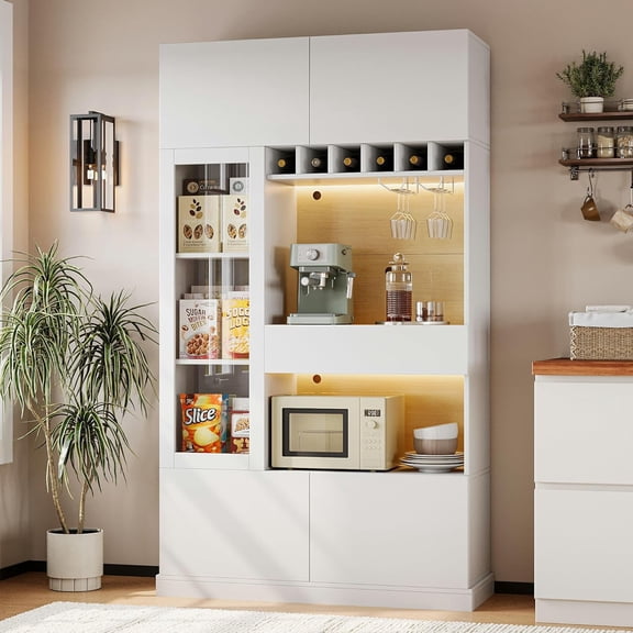 iPormis 69" Tall Kitchen Pantry Storage Cabinet with LED Light & Outlet, Kitchen Hutch with Microwave Stand & Wine Rack & Glass Door & Adjustable Shelf, Coffee Bar Hutch with Countertop,White