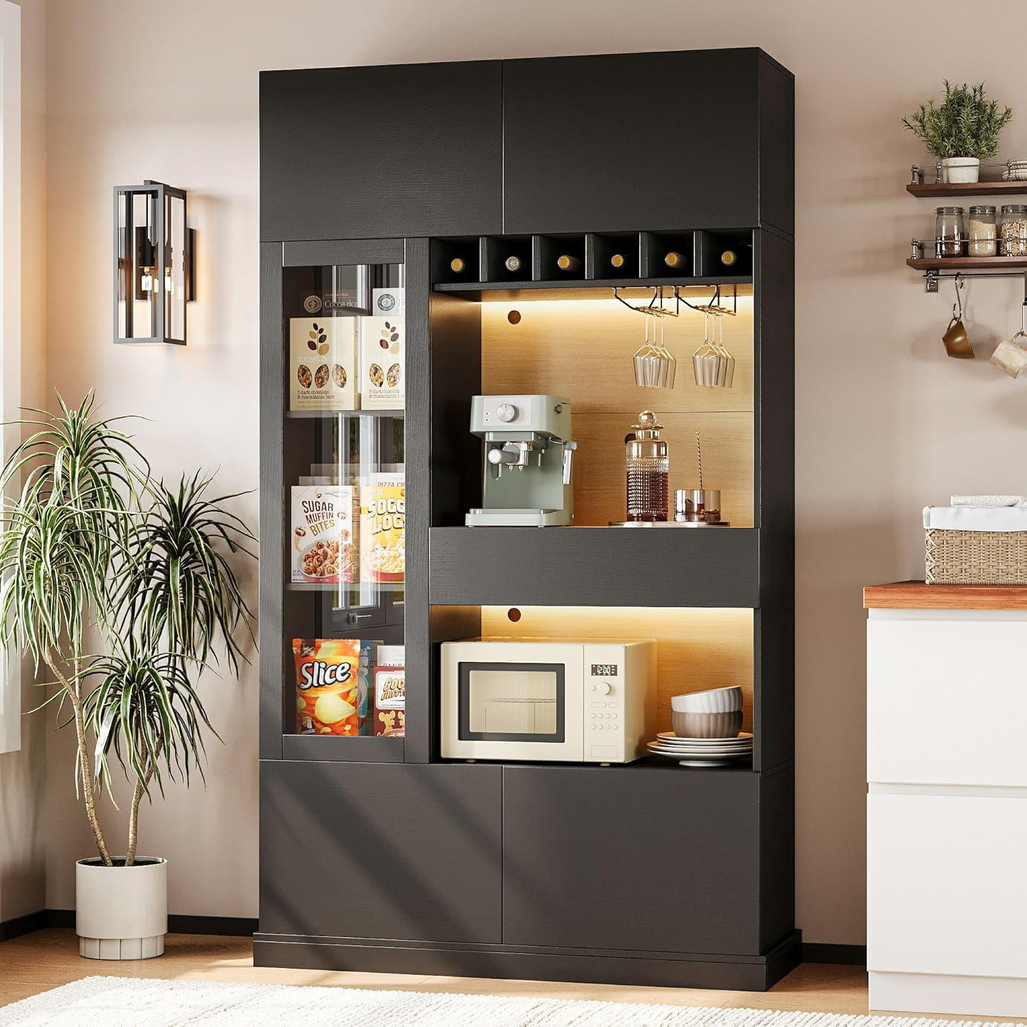iPormis 69" Tall Kitchen Pantry Storage Cabinet with LED Light & Outlet, Kitchen Hutch with Microwave Stand & Wine Rack & Glass Door & Adjustable Shelf, Coffee Bar Hutch with Countertop, Black