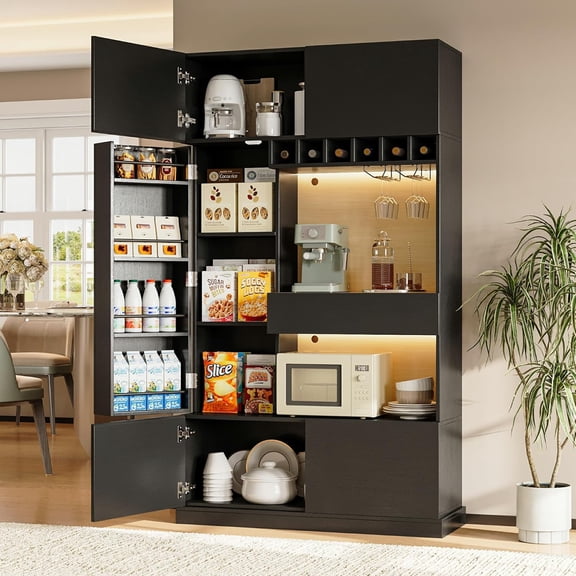 iPormis 69" Tall Kitchen Pantry Storage Cabinet with LED Lights & Microwave Stand & Wine Rack for Living Room, Black