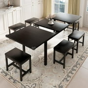 iPormis 7-Piece 63" Extendable Dining Table Set for 4-8 People, Mid-Century , Black