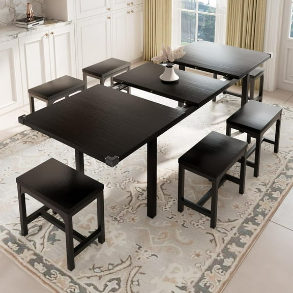 iPormis 7-Piece 63" Extendable Dining Table Set for 4-8 People, Mid-Century , Black