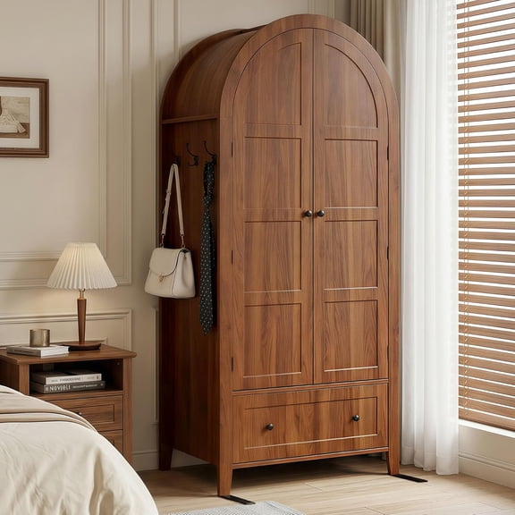 iPormis 70.3'' Tall Armoire Wardrobe Closet with Drawer & 2 Arched Doors,Wood Closet Organizer with Hanging Rod & 3 Hooks, Easy Assembly, Walnut
