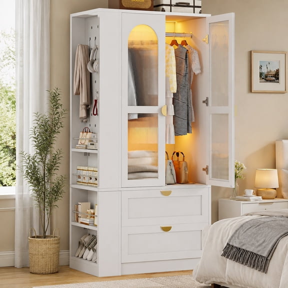 iPormis 70.8'H Armoire Wardrobe Closet with LED Light and 2 Drawer, Bedroom Armoire Cabinet with Hanging Rod, Large Storage Cabinet, White