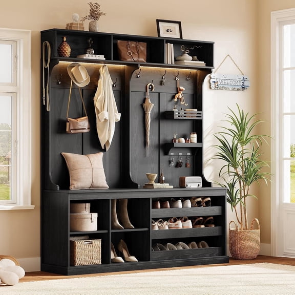 iPormis 70“ Large Hall Tree with Bench and Adjustable Storage Shelves, 6-in-1 Farmhouse Entryway Bench w/Coat Rack, Top Storage, Small Shelves for Entryway, Living Room, Led Lights,Black