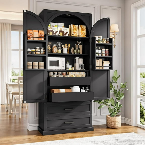 iPormis 71" Tall Kitchen Pantry Storage Cabinet with Adjustable Shelf, Large Drawers & Door Shelves, Freestanding Farmhouse Kitchen Cupboard for Dining Room/Living Room, Black