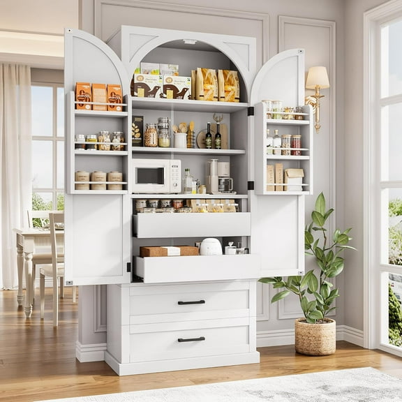 iPormis 71" Tall Kitchen Pantry Storage Cabinet with Adjustable Shelf, Large Drawers & Door Shelves, Freestanding Farmhouse Kitchen Cupboard for Dining Room/Living Room, White