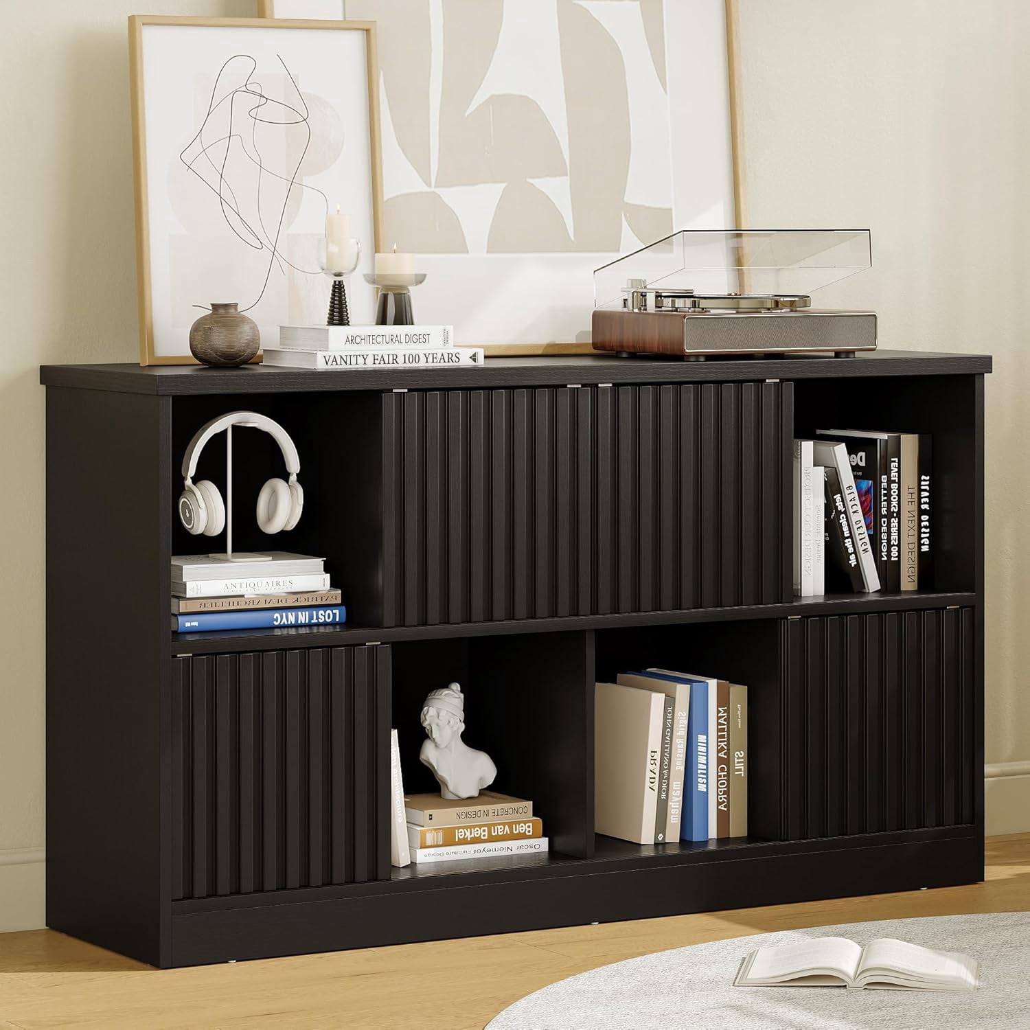 iPormis 8 Cube Bookcase Storage Organizer - 4 Fluted Sliding Doors, 2-Tier Wooden Bookshelf, 47.2" Freestanding Bookcase Shelf for Home/Office,Black