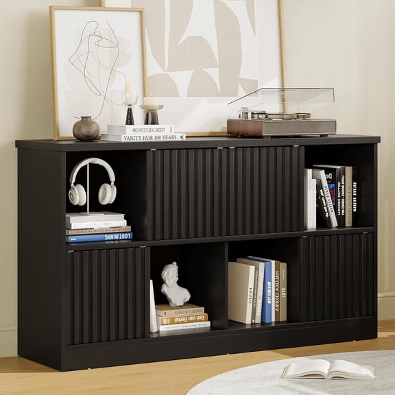 iPormis 8 Cube Bookcase Storage Organizer - 4 Fluted Sliding Doors, 2-Tier Wooden Bookshelf, 47.2" Freestanding Bookcase Shelf for Home/Office,Black