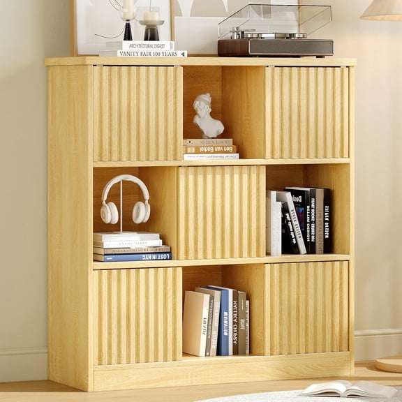 iPormis 9 Cube Bookcase Storage Organizer - 5 Fluted Sliding Doors, 3-Tier Wooden Bookshelf, 38.5" Freestanding Bookcase Shelf for Home/Office,Natural