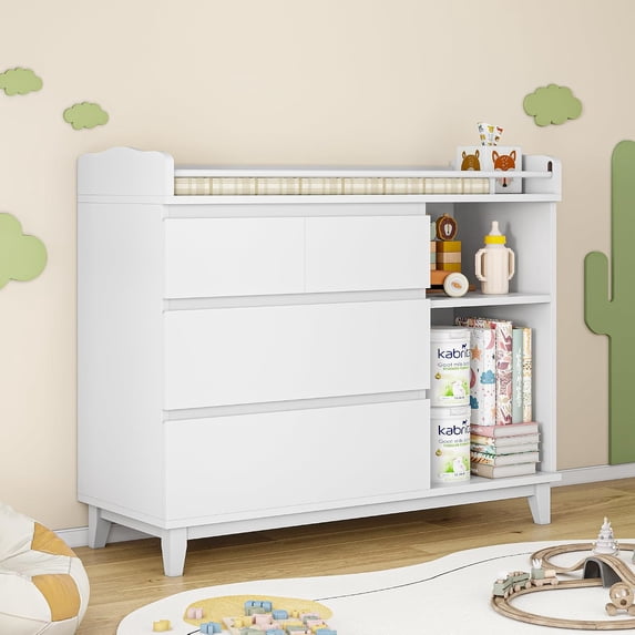 iPormis Baby Dresser with Changing Table Top, 4 Drawers & 2 Open Shelves, Multi-Functional Nursery Changing Station with Storage, Pearl White