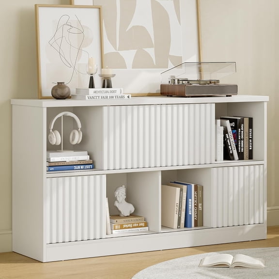 iPormis Bookcase 8 Cube Storage Organizer - 4 Fluted Sliding Doors, 2-Tier Wooden Bookshelf, 47.2" Freestanding Bookcase Shelf for Home/Office, Semi-Open Bookshelves, White