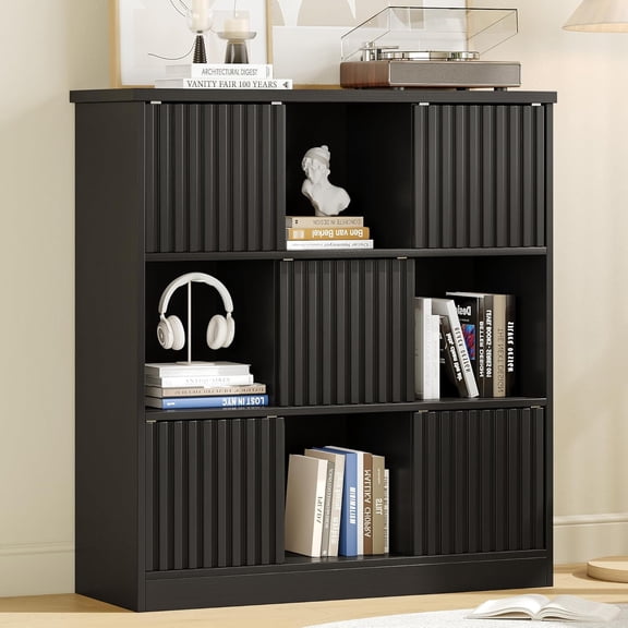 iPormis Bookcase 9 Cube Storage Organizer - 5 Fluted Sliding Doors, 3-Tier Wooden Bookshelf, 38.5" Freestanding Bookcase Shelf for Home/Office, Semi-Open Bookshelves, Black