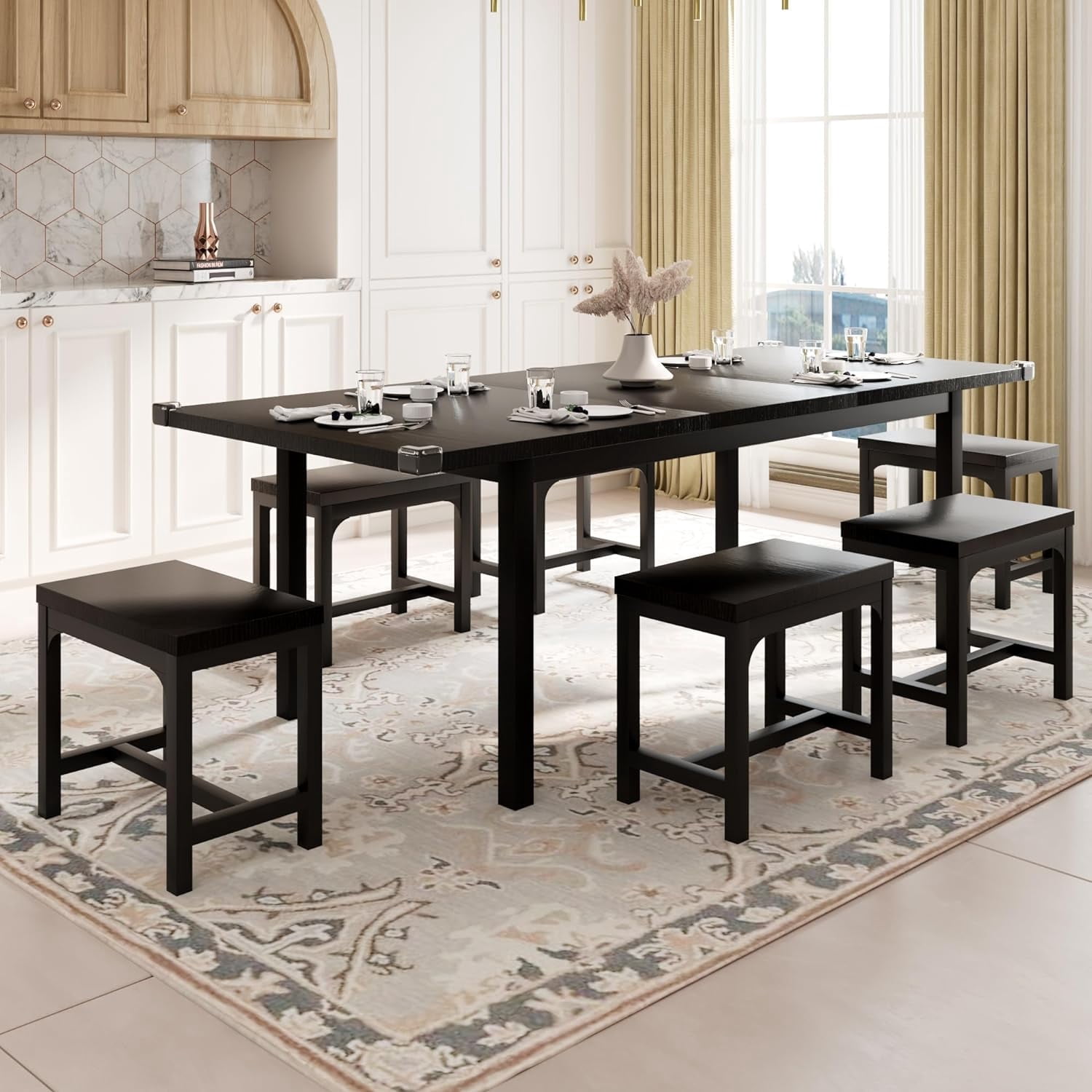 iPormis 7-Piece 63" Extendable Dining Table Set for 4-8 People, Mid ...