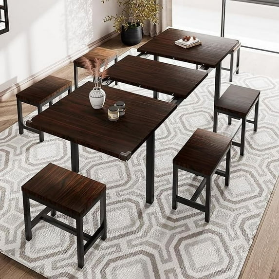 iPormis Dining Table Set, 7-Piece Extendable Table from 63" Large Extendable Kitchen Table Set for 4-8 People, Mid-Century Dining Room Table with 6 Square Stools,Espresso