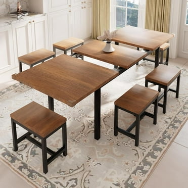 iPormis Dining Table Set, 7-Piece Extendable Table from 63" Large Extendable Kitchen Table Set for 4-8 People, Mid-Century Dining Room Table with 6 Square Stools,Walnut