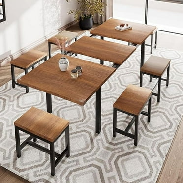 iPormis Dining Table Set, 7-Piece Extendable Table from 63" Large Extendable Kitchen Table Set for 4-8 People, Mid-Century Dining Room Table with 6 Square Stools,Walnut