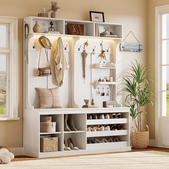 iPormis 70“ Large Hall Tree with Bench and Adjustable Storage Shelves, 6-in-1 Farmhouse Entryway Bench w/Coat Rack, Top Storage, Small Shelves for Entryway, Living Room, Led Lights, White