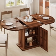 iPormis Extendable Round Dining Table for 4-6, 59'' Modern Kitchen Table with 2-Tier Storage Shelf, Wood Door, MDF Board, Space Saving Oval Dinner with Sturdy Pedestal Base, Kitchen, Dining,Walnut