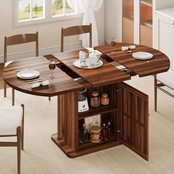 iPormis Extendable Round Dining Table for 4-6, 59'' Modern Kitchen Table with 2-Tier Storage Shelf, Wood Door, MDF Board, Space Saving Oval Dinner with Sturdy Pedestal Base, Kitchen, Dining,Walnut