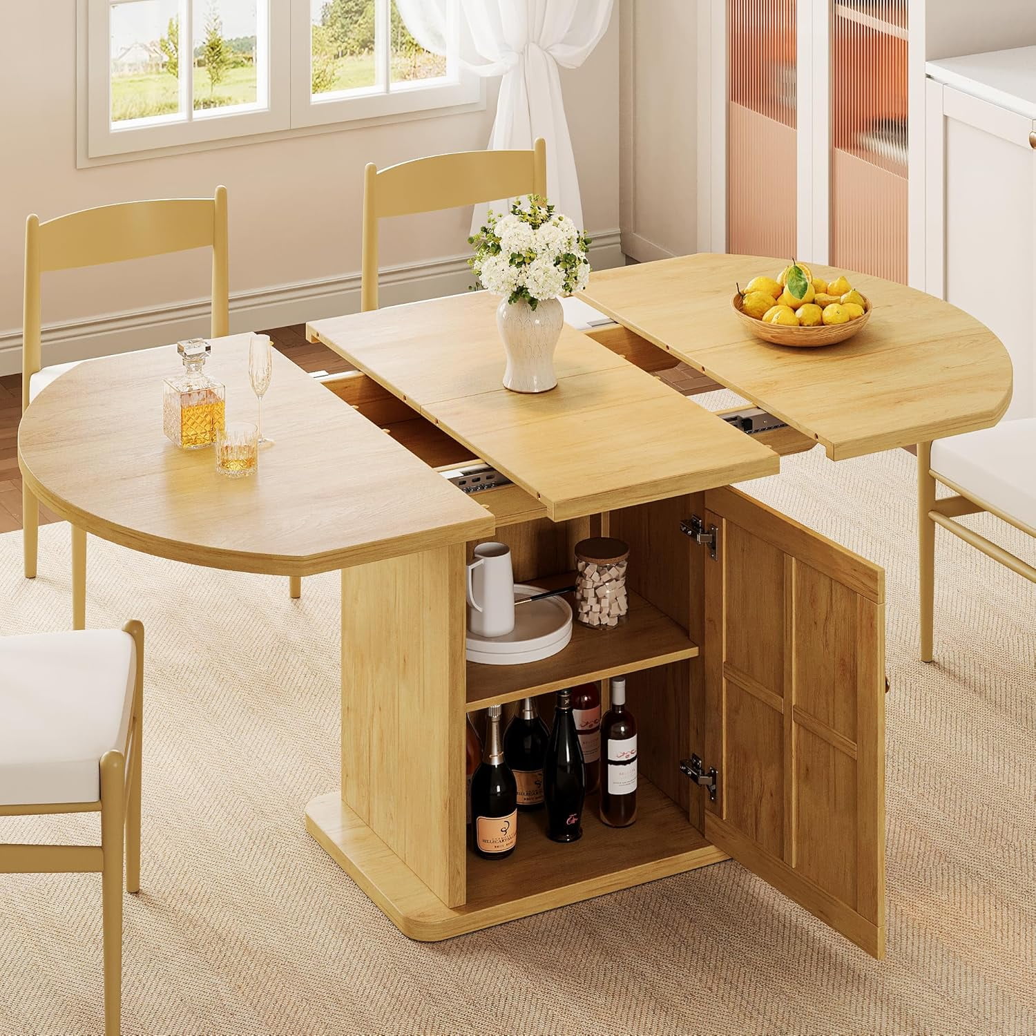 iPormis Extendable Round Dining Table for 4-6, 59'' Modern Kitchen Table with 2-Tier Storage Shelf, Wood Door, MDF Board, Space Saving Oval Dinner with Sturdy Pedestal Base, Kitchen, Dining,Oak