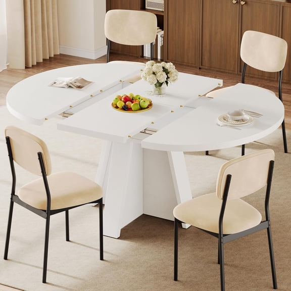 iPormis Extendable Round Dining Table, 59" Wooden Kitchen Table, Seats 4-6 People, Sturdy Circle Dining Room Table for Kitchen/Living/Dining Room, White