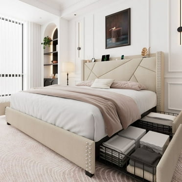 iPormis Full Bed Frame with Charging Station & Wingback Upholstered Headboard, Platform Bed with 4 Storage Drawers , Solid Wood Slats Support, No Box Spring Needed, Beige