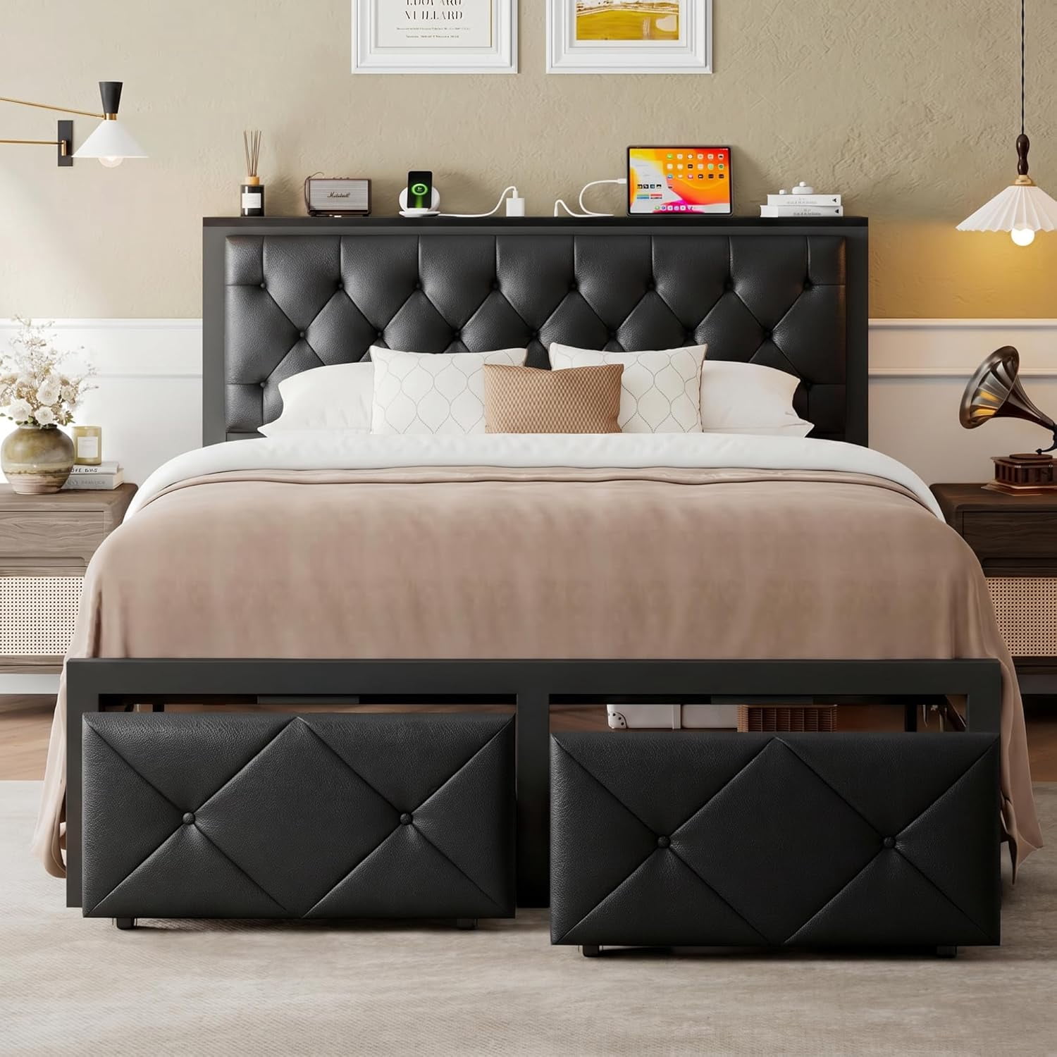 iPormis Full Bed Frame with Storage Drawer, Metal Platform Bed with Charging Station, Upholstered Faux Leather Button Tufted Storage Headboard, No Box Spring Needed, Noise-Free, Easy Assembly, Black
