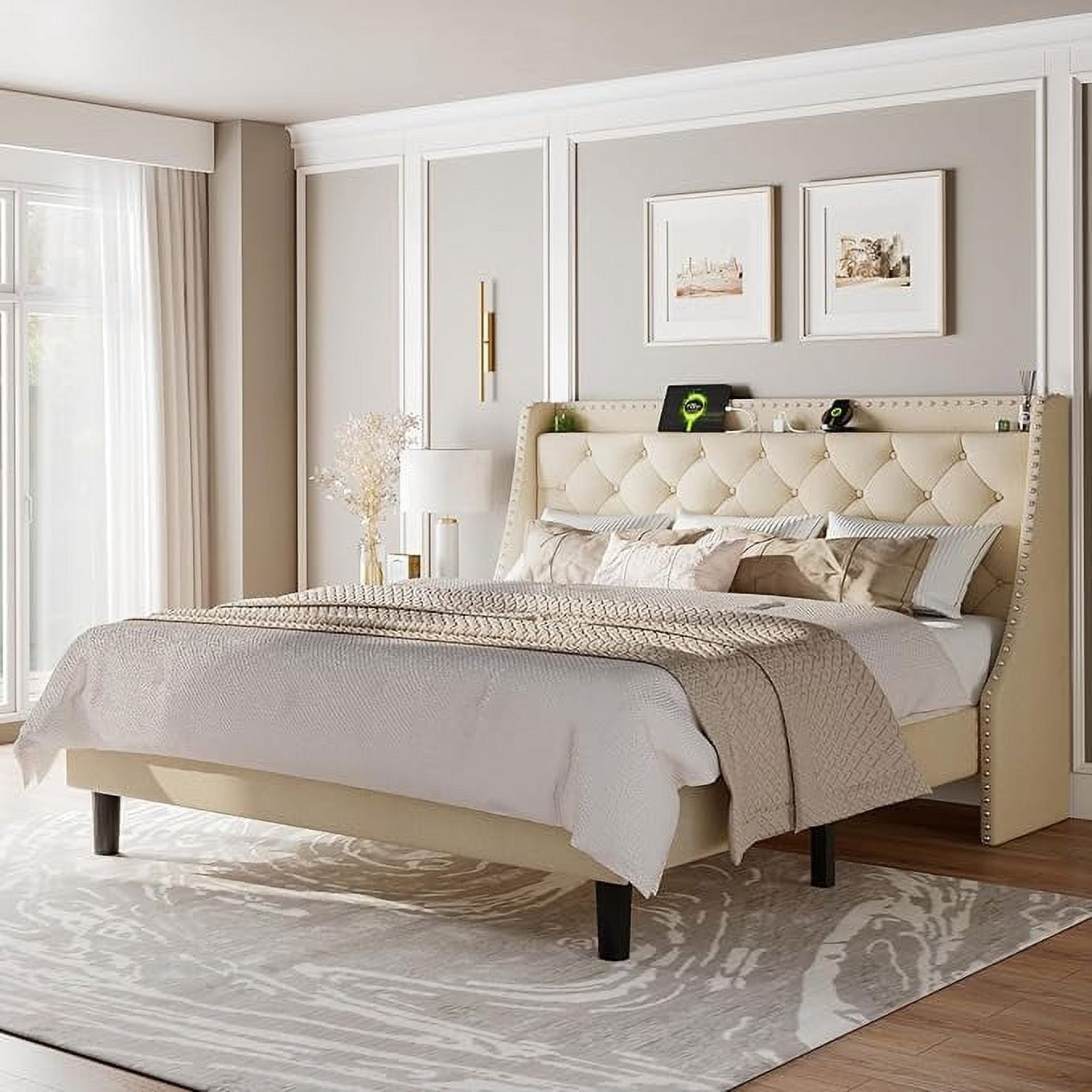 iPormis Full Bed Frame with Upholstered Wingback Button Tufted Storage Headboard, Luxurious Platform Bed with Charging Station, Beige
