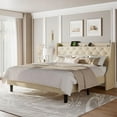 thumbnail image 1 of iPormis Full Bed Frame with Upholstered Wingback Button Tufted Storage Headboard, Luxurious Platform Bed with Charging Station, Beige, 1 of 7