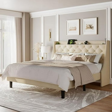 iPormis Full Bed Frame with Upholstered Wingback Button Tufted Storage Headboard, Luxurious Platform Bed with Charging Station, Beige
