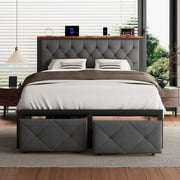 iPormis Full Bed Frame with 2 Drawers, Metal Platform Bed with Charging Station and Linen Fabric Storage Headboard Strong Metal Slats Black,Gray