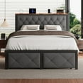 thumbnail image 1 of iPormis Full Bed Frame with 2 Drawers, Metal Platform Bed with Charging Station and Linen Fabric Storage Headboard Strong Metal Slats Black,Gray, 1 of 8