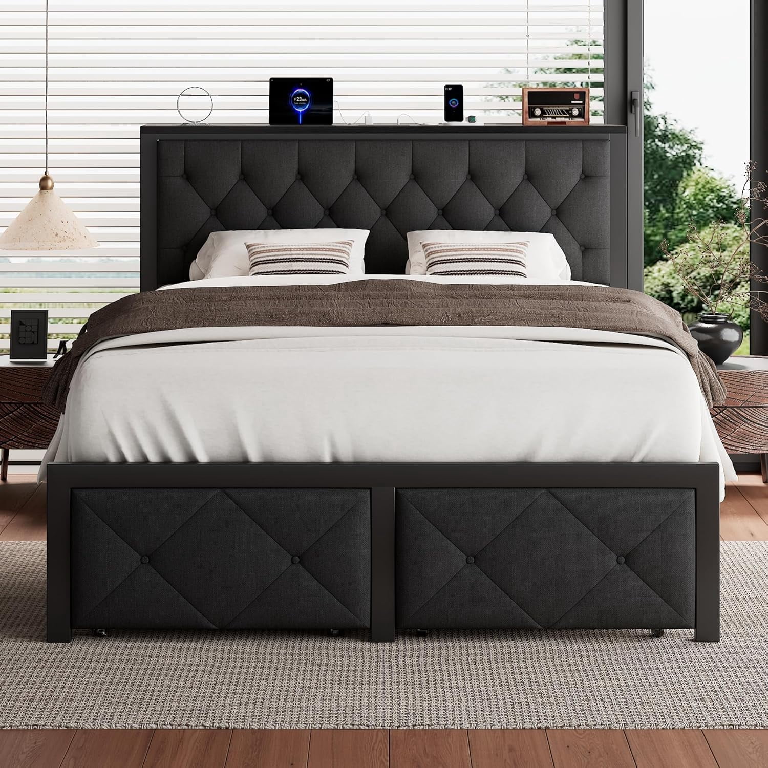 iPormis Full Bed Frame with 2 Drawers, Metal Platform Bed with Charging Station and Linen Fabric Storage Headboard Strong Metal Slats,Black