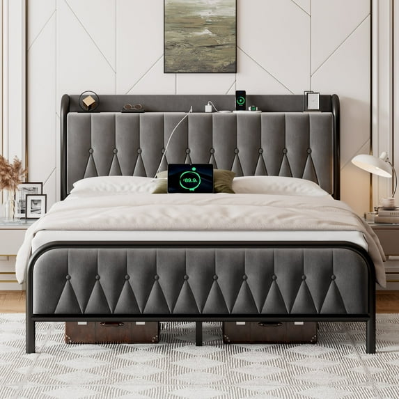 iPormis  Full Bed Frame with Type-C & USB Ports,12" Underbed Storage Space， Metal Platform Beds, with Velvet Upholstered Headboard & Footboard,Gray