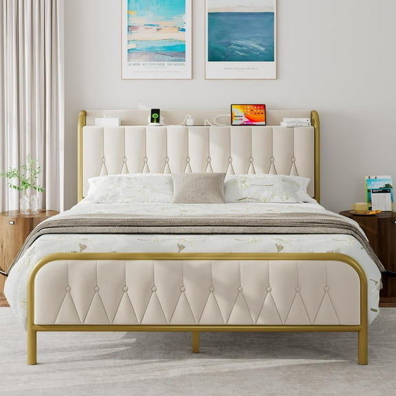 iPormis Full Bed Frame with  USB Ports,12" Underbed Storage Space,Metal Platform Bed, with Velvet Upholstered Headboard & Footboard, Beige