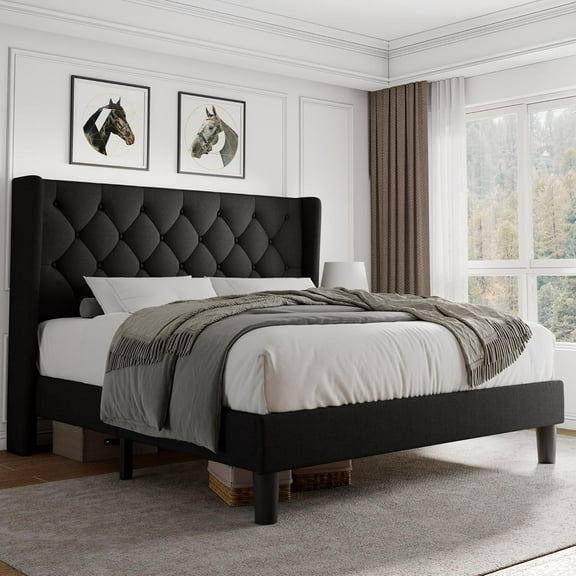 iPormis Full Size Bed Frame with Diamond Button Tufted Wingback Headboard, Upholstered Platform Bed Frame with Strong Wood Slat Support, No Box Spring Needed,Black