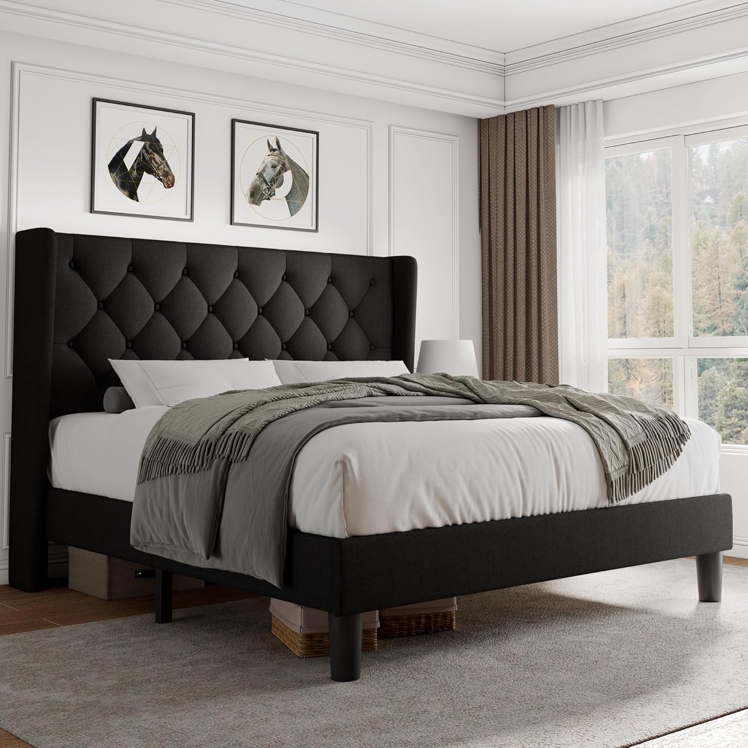 iPormis Full Size Bed Frame with Diamond Button Wingback Headboard ...