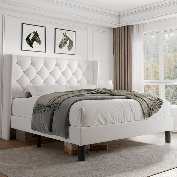 iPormis Full Size Bed Frame with Diamond Button Tufted Wingback Headboard, Upholstered Platform Bed Frame with Strong Wood Slat Support, No Box Spring Needed,White