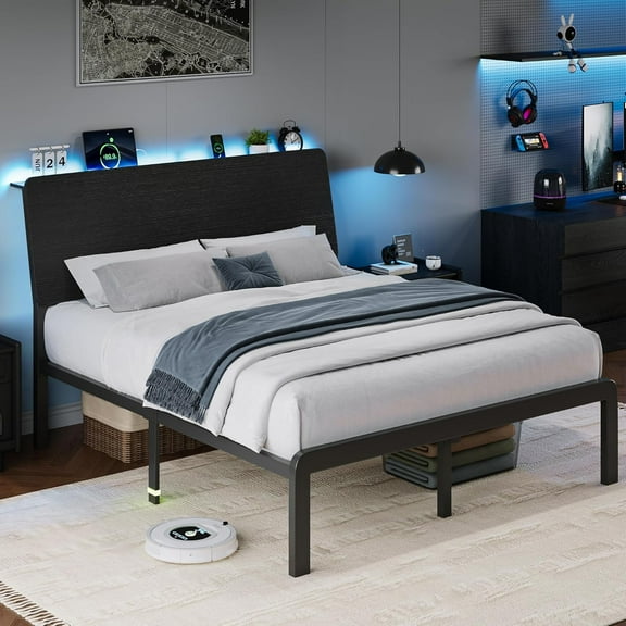 iPormis Full Size Bed Frame with Ergonomic Storage Headboard & Charging Station, LED Platform Bed Frame, Heavy Duty Metal Slats, No Box Spring Needed, Easy Assembly, Black