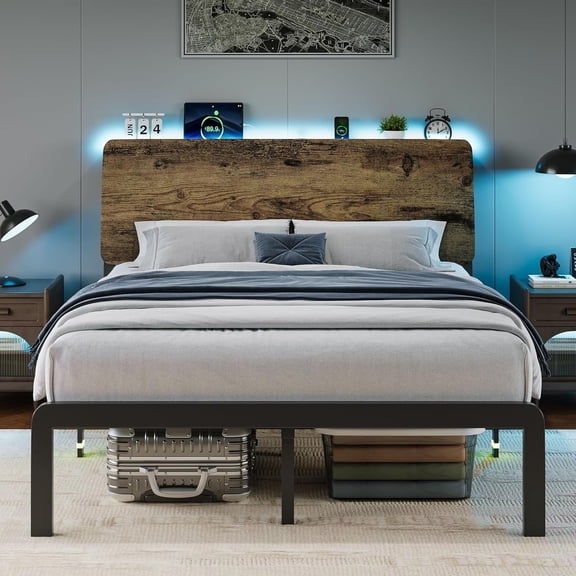 iPormis Full Size Bed Frame with Ergonomic Storage Headboard & Charging Station, LED Platform Bed Frame, Heavy Duty Metal Slats, No Box Spring Needed, Easy Assembly, Rustic
