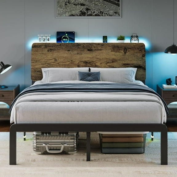 iPormis Full Size Bed Frame with Ergonomic Storage Headboard & Charging Station, LED Platform Bed Frame, Heavy Duty Metal Slats, No Box Spring Needed, Easy Assembly, Rustic